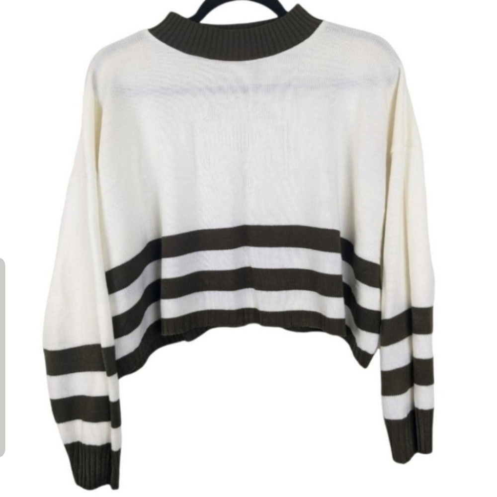 Crest Stripe Cream and Taupe Semi-Cropped Varsity Knit Sweater  sz M/L